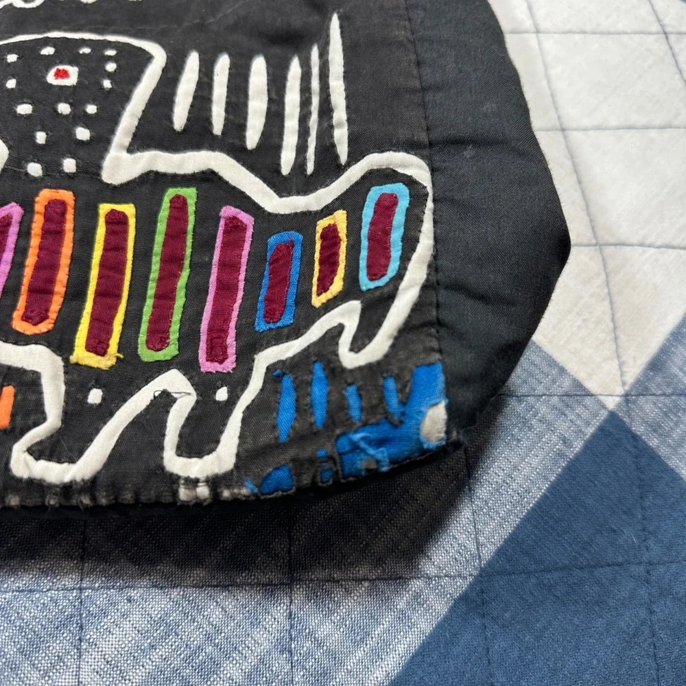 Vintage Mola Applique Tote Bag Handcrafted Folk Art Animal Bird Black Cotton